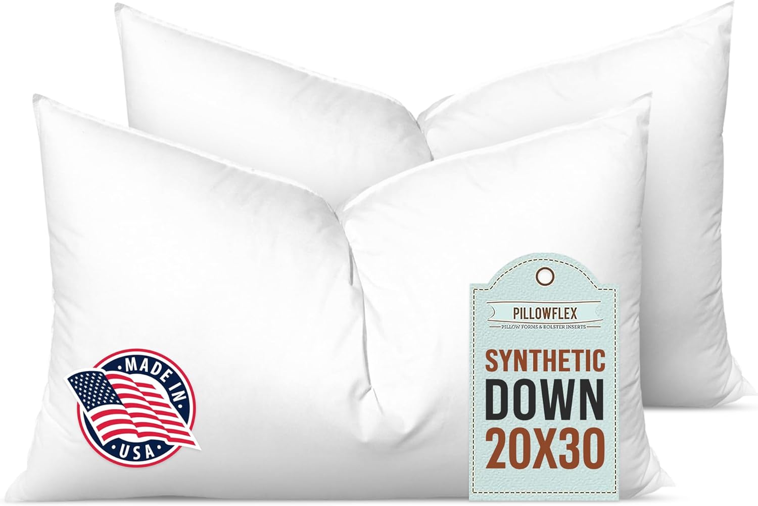 Pillowflex Synthetic Down Alternative Pillow Inserts for Shams - Comfy Pillows for Sleeping, Perfect Pillow & Best Sleeping Pillows, Handmade Down Alternative Throw Pillow Inserts - (20x30 Set of 2)