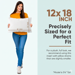 Woman holding a 12x18 inch pillow insert with what size pillow insert do I need for a 12x18 pillow sham
